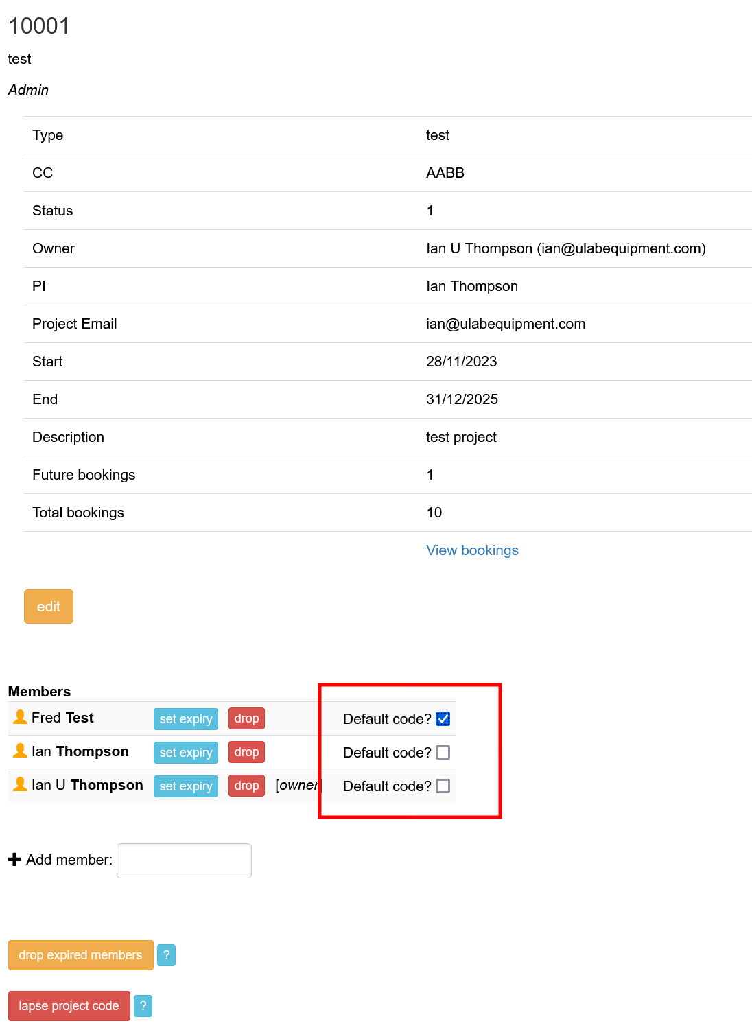 setting default project code