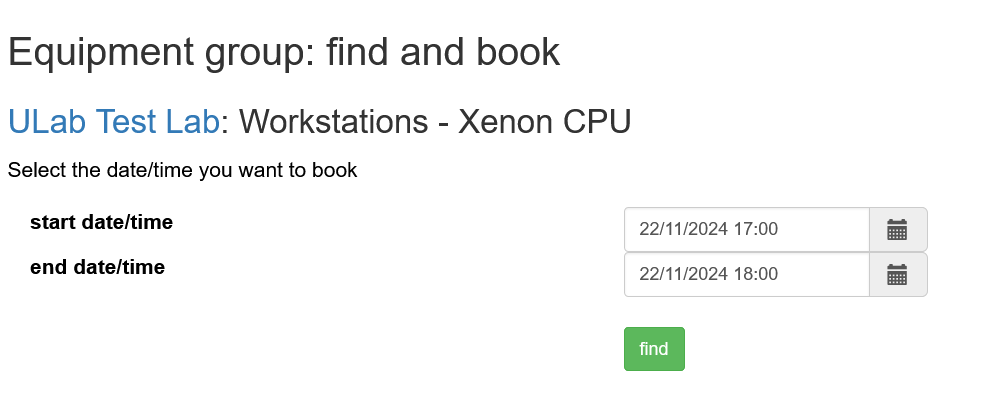 equipment booking - select date/time